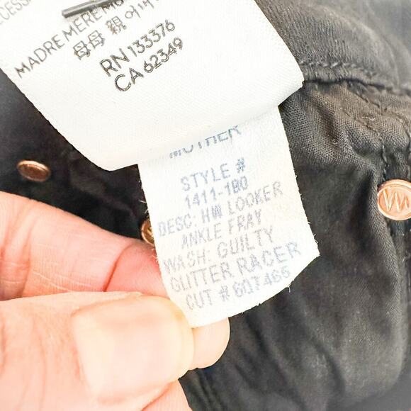 Mother High Waisted Looker Ankle Fray Guilty Glitter Race Black Denim Jeans SZ27 - Picture 9 of 10